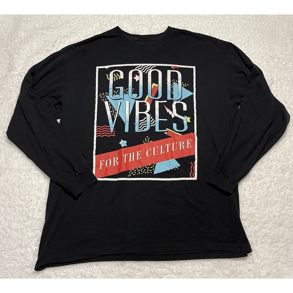 Good Vibes Graphic Print Long Sleeve Men's XL Black T-Shirt‎ Streetwear Style
